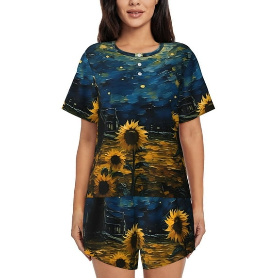 Honeii Oil Starry Sky Sunflower for Women's Summer Pajama Set featuring Soft Short Sleeve Shirt & Matching Bottoms with Convenient Pockets for Relaxed Home Wear-Medium