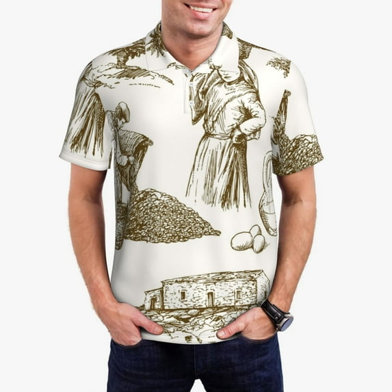 Honeii Olive Picking Print Polo Shirt, A Classic Short-Sleeved, Button-Down Golf Shirt for Men,Mens Polo Shirts Short Sleeve-3X-Large