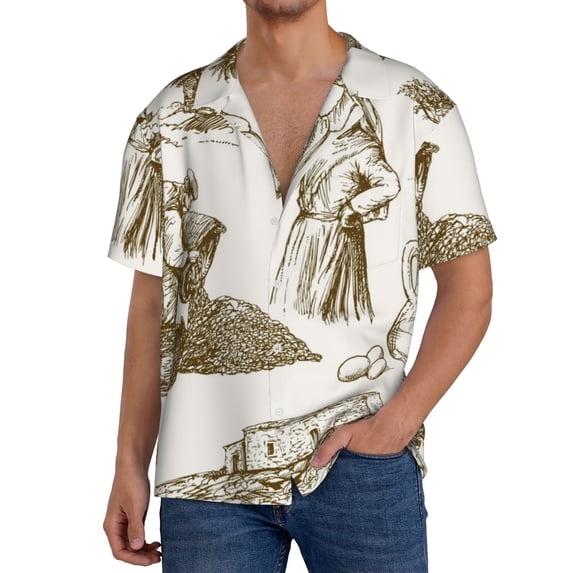 Honeii Olive Picking for Men's Short-Sleeved Button-Up Collared Shirt Featuring A Pocket, Perfect for Beach Vacations, And Travel Adventures.-X-Large