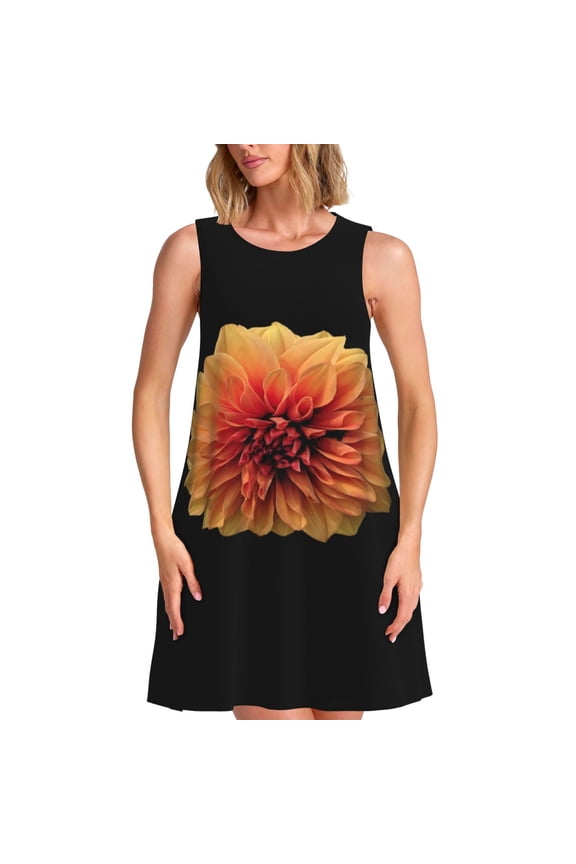 Orange Dalia Print Women's Sleeveless Dress, Loose Fit Casual Dress for Women, Summer Fashion Dress