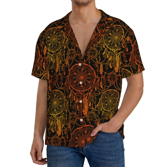 Honeii Orange Dreamcatcher for Men's Short-Sleeved Button-Up Collared Shirt Featuring A Pocket, Perfect for Beach Vacations, And Travel Adventures.-Medium