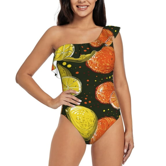 Honeii Orange Lemon for women's one-piece swimsuit featuring a chic one-shoulder design experience elegance and style in the water-Medium