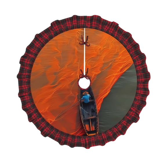 Honeii Orange Net Fishing Boat Pattern Christmas Tree Skirt, Christmas Ribbon Holly Winter Holiday Tree Mat Decoration-
