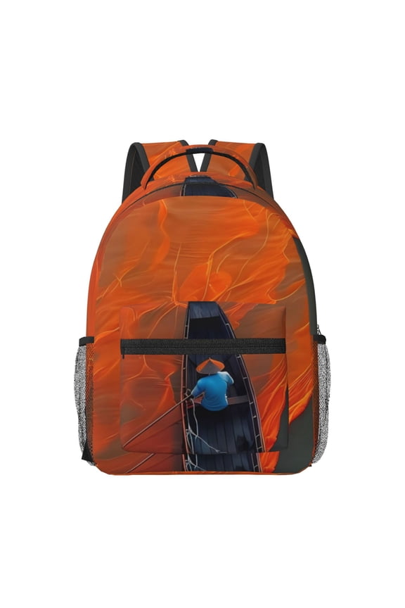 Orange Net Fishing Boat Print Backpack for School,15.6 inch Laptop Back Pack for High School and College Students, Waterproof Computer Bookbag-One Size