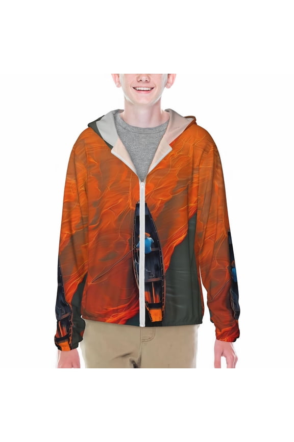Orange Net Fishing Boat Print Sun Protection Jacket Hooded Cooling Shirt with Pockets Hiking Outdoor Performance-X-Large