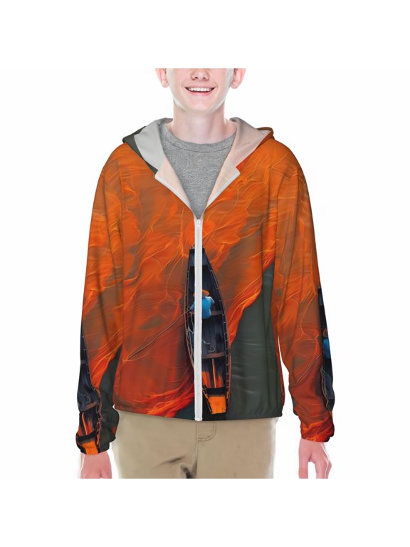Orange Net Fishing Boat Print Sun Protection Jacket Hooded Cooling Shirt with Pockets Hiking Outdoor Performance-X-Large