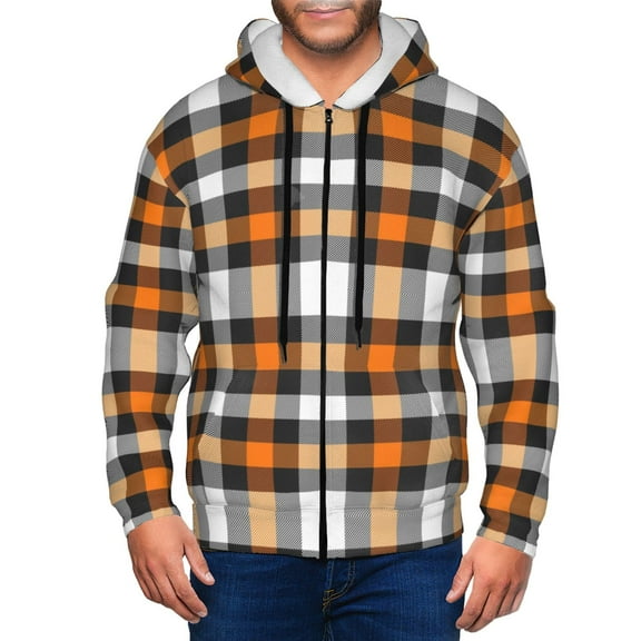 Honeii Orange Plaid Print Hoodies for Men, Pullover & Full Zip, Breathable Zip up Hoodie, Sweatshirt-3X-Large