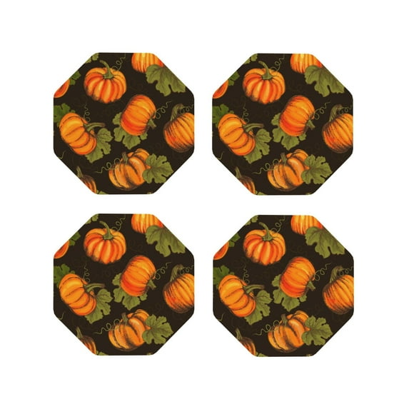 Honeii Orange Pumpkin print Leather Coaster Set of 4, ideal for safeguarding your furniture from drinks spills and effortless cleanup-Octagon