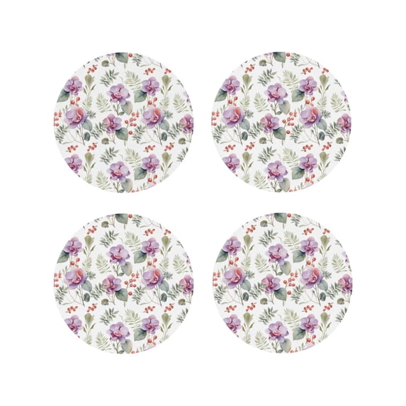 Honeii Orchids Flowers print Leather Coaster Set of 4, ideal for safeguarding your furniture from drinks spills and effortless cleanup-Round Shape