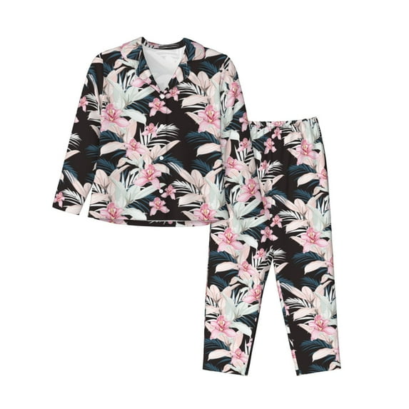 Honeii Orchids Flowers print Women's Pajama Sets Long Sleeve Button Down Sleepwear Nightwear Soft Pjs Lounge Sets-Large