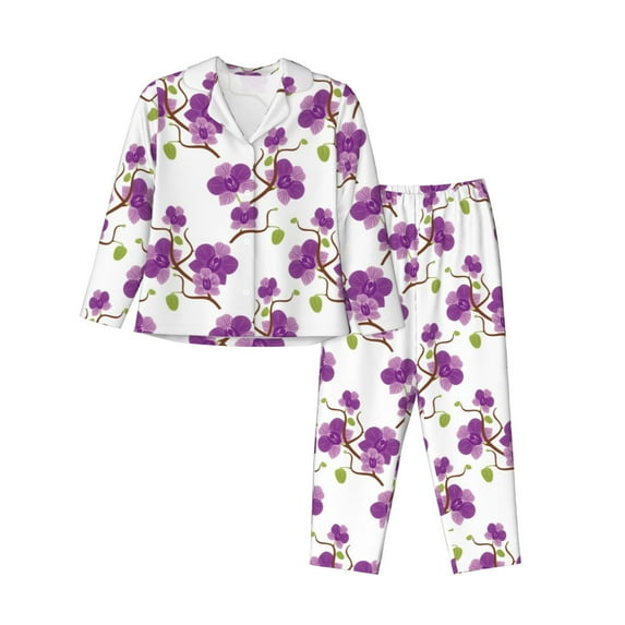 Honeii Orchids Flowers print Women's Pajama Sets Long Sleeve Button Down Sleepwear Nightwear Soft Pjs Lounge Sets-X-Large