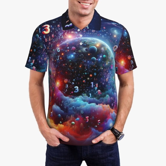 Honeii Outer Space Floating Numbers And Letters print Polo Shirt, a classic short-sleeved, button-down golf shirt designed for men4X-Large