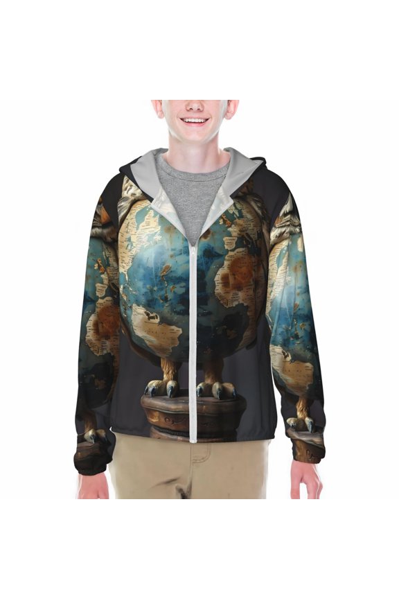 Owl Globe Sculpture Print Sun Protection Jacket Hooded Cooling Shirt with Pockets Hiking Outdoor Performance-Large