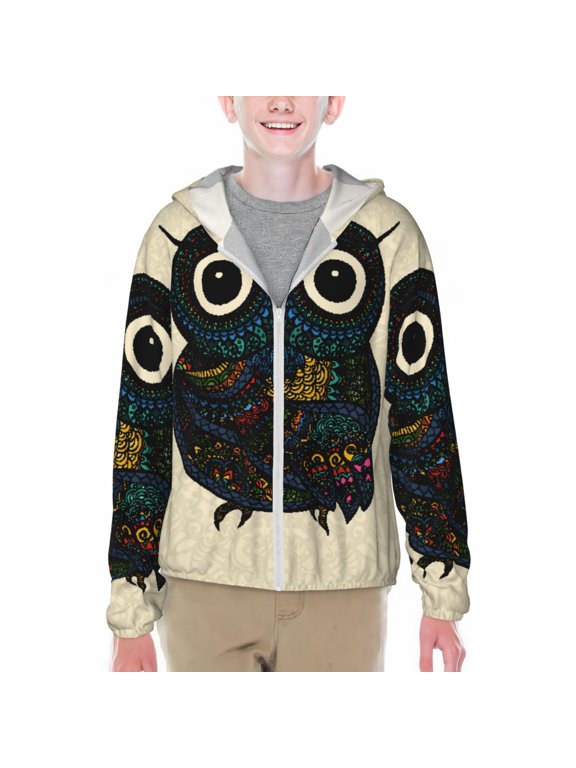 Owl with Mandala Print Sun Protection Jacket Hooded Cooling Shirt with Pockets Hiking Outdoor Performance-Small