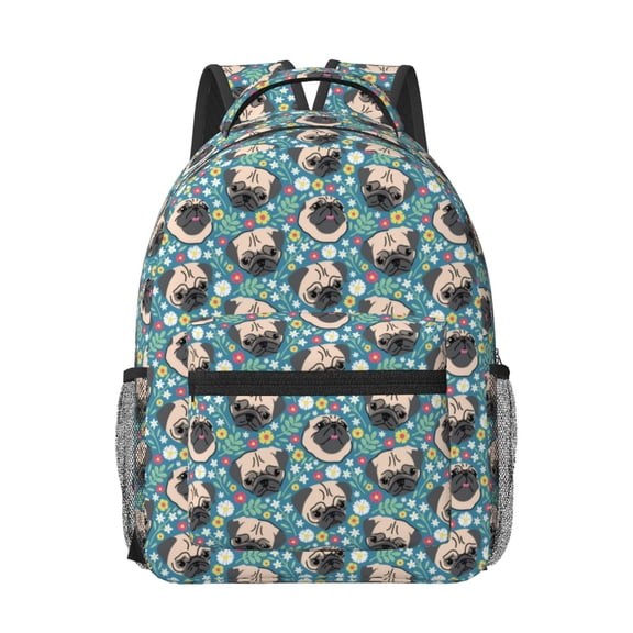 Honeii PUG HEAD And Flower Print Backpack for School,15.6 inch Laptop Back Pack for High School and College Students, Waterproof Computer Bookbag-One Size
