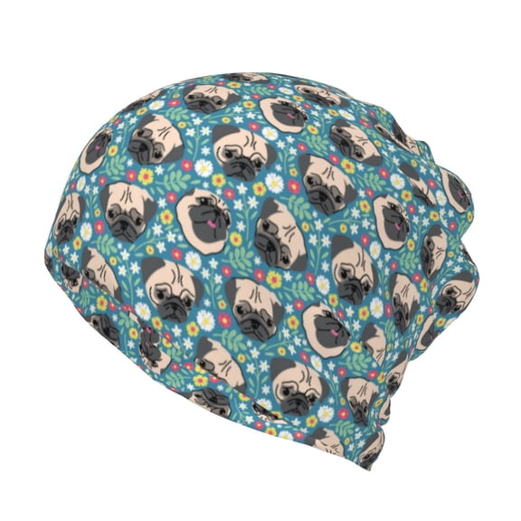 Honeii PUG HEAD And Flower Print Winter Beanie Daily Hat - Thermal Polar Fleece Ski Running Hat Skull Cap for Men and Women,Beanie
