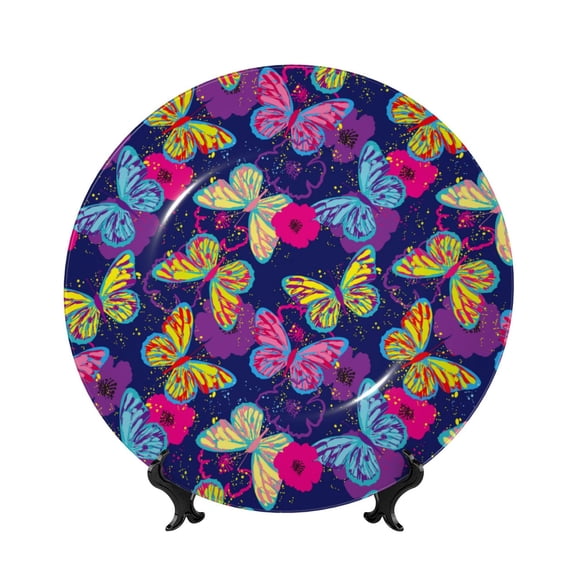 Honeii Paint Butterflies Print Elegant Bone China Decorative Plate, Porcelain Plate,Art Crafts,Ceramic Ornaments for Home Office Wall Decor-8in