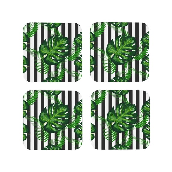 Honeii Palm Greenery print Leather Coaster Set of 4, ideal for safeguarding your furniture from drinks spills and effortless cleanup-Square
