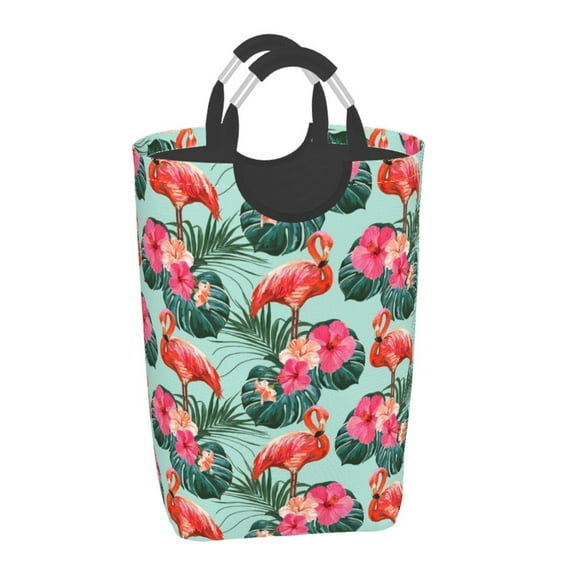 Honeii Palm Leaves Flamingo Print Laundry Hamper Collapsible Laundry Baskets, Freestanding Waterproof Clothes Hamper with Easy Carry Handles