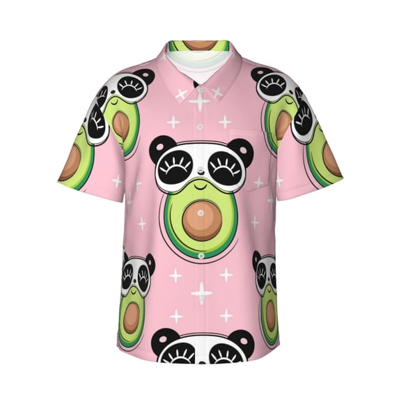 Honeii Panda Avocado Print Men’s Hawaiian Shirt,Classic Button-Down Short Sleeve Shirt, for Beach, Vacation, and Outdoor Activities,X-Large