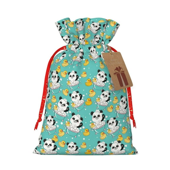 Honeii Panda Bathing Print Small Burlap Bags,Christmas Drawstring Treat Bags Gift Bags Reusable Candy Goodie Wrapping Bags for Holiday Party Favors Supplies -Small