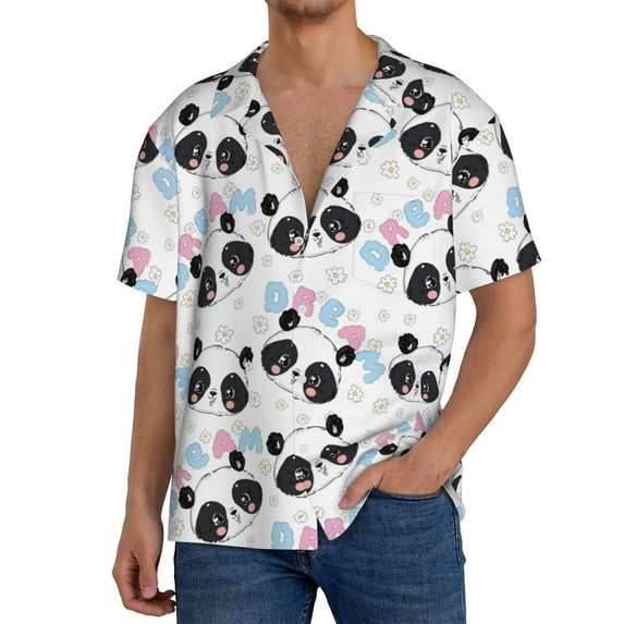 Honeii Panda Bear1 for Men's Short-Sleeved Button-Up Collared Shirt Featuring A Pocket, Perfect for Beach Vacations, And Travel Adventures.-Large