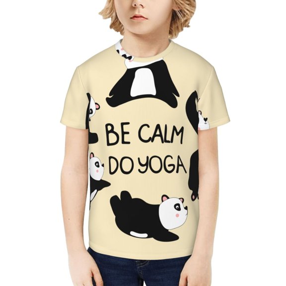 Honeii Panda Doing Yoga Print Kids Boy T-Shirt,Breathable Round Neck Tee,Stylish Summer Tee for Boys, for Outdoor Activities and Casual Wear