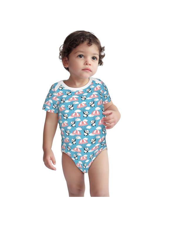 Panda Flying in the Sky Pattern unisex-baby Short-sleeve Bodysuit,One-piece Bodysuit 100% Organic Cotton-18 Months
