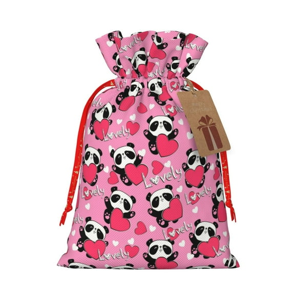Honeii Panda Heart Valentine Print Small Burlap Bags,Christmas Drawstring Treat Bags Gift Bags Reusable Candy Goodie Wrapping Bags for Holiday Party Favors Supplies -Small