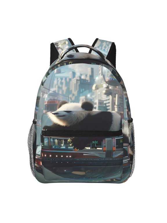 Panda In Futuristic City Print Backpack for Both Men and Women, Basic Bookbag for College, Work, or Travel,Rucksack Computer Bag-One Size