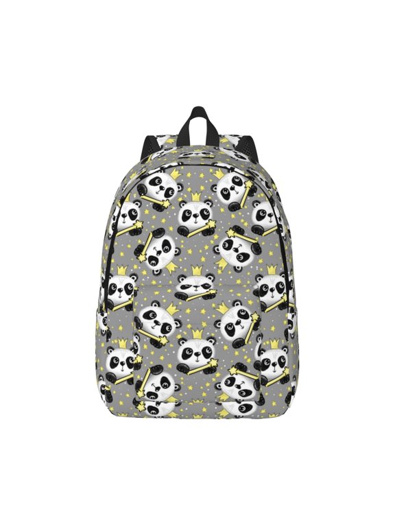 Panda With Crown And Stars Print Canvas College Laptop Backpack, Durable Rucksack Travel Notebook Bag School Backpack Book Bag for Men Women-Small