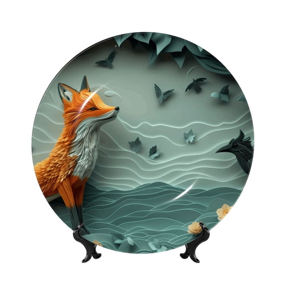 Honeii Paper Fox Crow Fantasy Print Elegant Bone China Decorative Plate, Porcelain Plate,Art Crafts,Ceramic Ornaments for Home Office Wall Decor-6in
