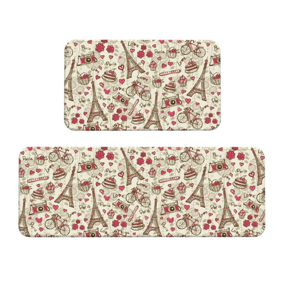 Honeii Paris Vintage Print Kitchen Mat [2 PCS] for Floor, Waterproof Non-Slip Rugs, Kitchen Decor,Standing Mat for Floor,Office, Sink, Laundry