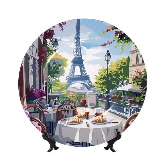 Honeii Parisian Cafe With Eiffel Print Elegant Bone China Decorative Plate, Porcelain Plate,Art Crafts,Ceramic Ornaments for Home Office Wall Decor-10in
