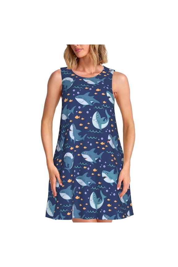 Party Shark Cut Print Women's Sleeveless Dress, Loose Fit Casual Dress for Women, Summer Fashion Dress