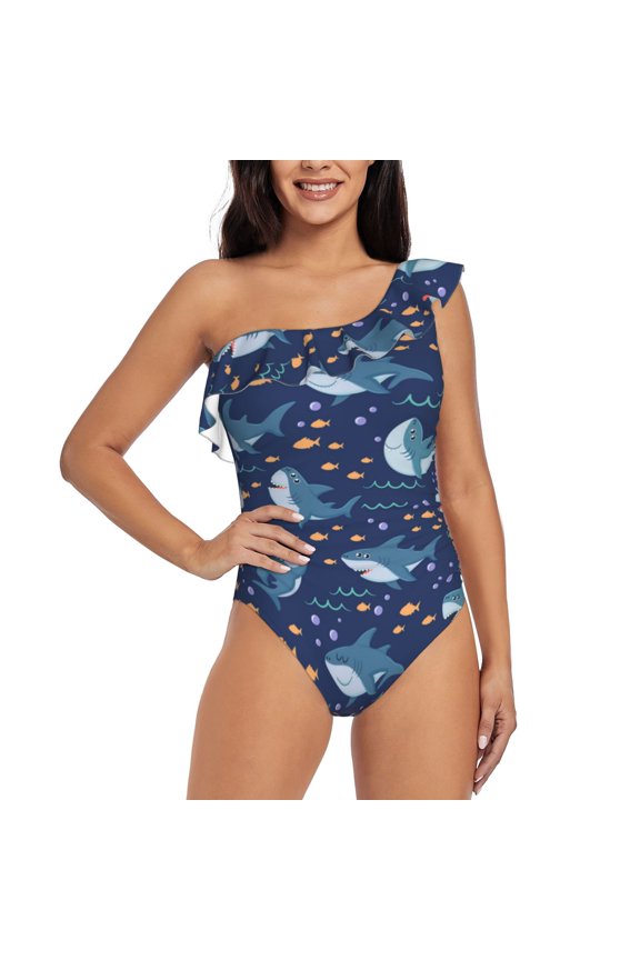 Party Shark Cut for women's one-piece swimsuit featuring a chic one-shoulder design experience elegance and style in the water-Medium