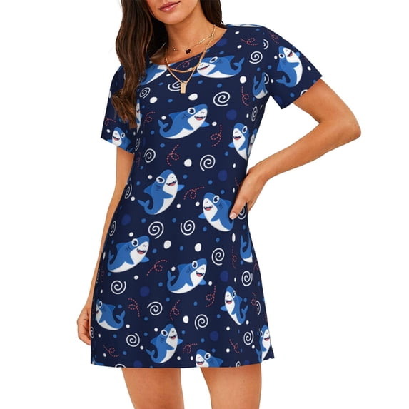 Honeii Party Shark Cute Print Women's Loose Short Sleeve Nightgown, Soft Cotton Sleepwear, Comfy Loose Fit Pajama Dress for Sleep and Lounge