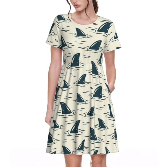 Honeii Party Shark Cute Print Women’s Short Sleeve Dress, Comfortable Casual Dress, Soft Polyester Spandex Blend, Stylish Everyday Wear for Summer, Perfect for Travel and Vacation