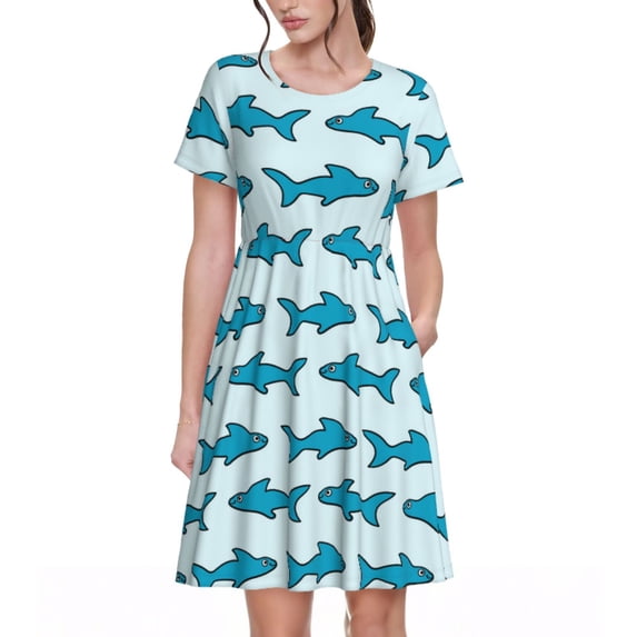 Honeii Party Shark Cute Print Women’s Short Sleeve Dress, Comfortable Casual Dress, Soft Polyester Spandex Blend, Stylish Everyday Wear for Summer, Perfect for Travel and Vacation