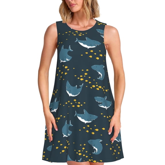 Honeii Party Shark Cute Print Women's Sleeveless Dress, Loose Fit Casual Dress for Women, Summer Fashion Dress