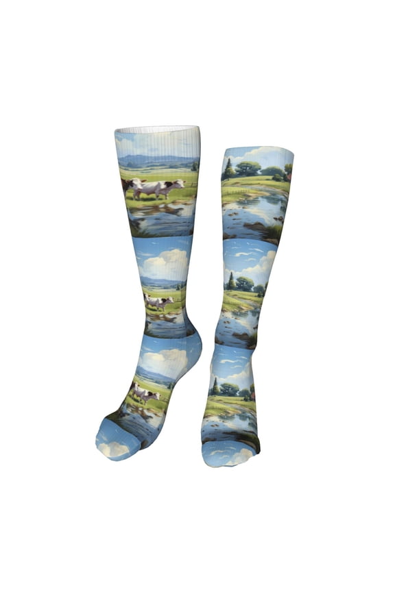 Pasture Cow Print Calf Socks Sports Socks Seamless Toe, Trouser Socks,Knee High Long Socks for Women and Men-One Size