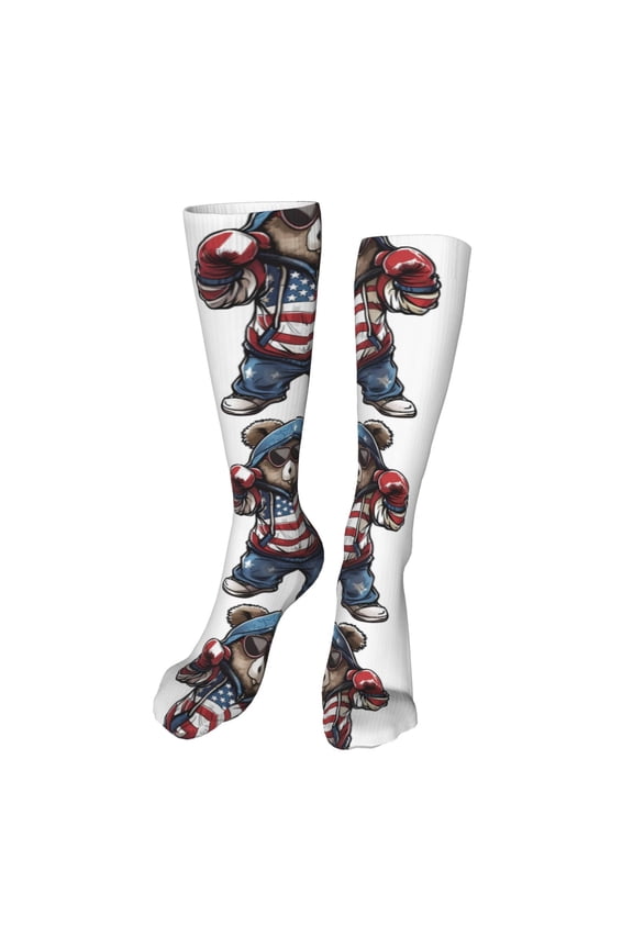 Patriotic Boxing Bear Art Print Calf Socks Sports Socks Seamless Toe, Trouser Socks,Knee High Long Socks for Women and Men-One Size