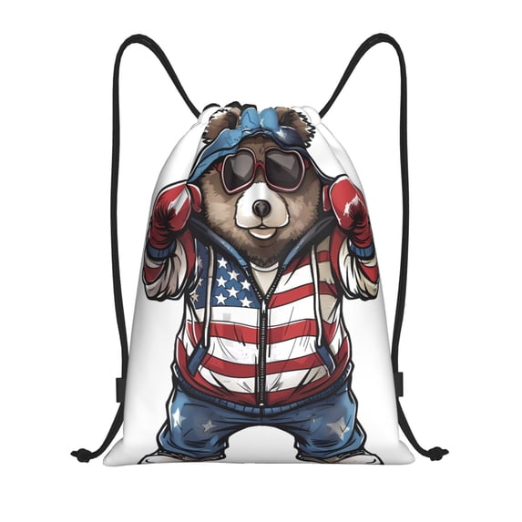 Honeii Patriotic Boxing Bear Art Print Drawstring Backpack,Drawstring Bags String Backpack Gym Cinch Sack Backpack Sport Bag Draw-