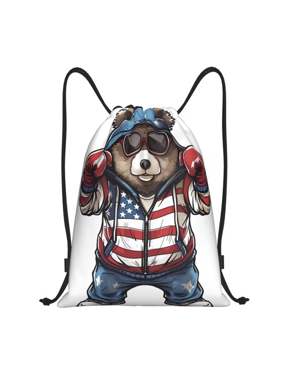 Patriotic Boxing Bear Art Print Drawstring Backpack,Drawstring Bags String Backpack Gym Cinch Sack Backpack Sport Bag Draw-