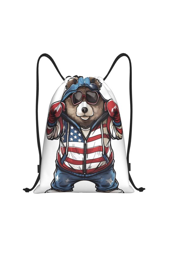 Patriotic Boxing Bear Art Print Drawstring Backpack,Drawstring Bags String Backpack Gym Cinch Sack Backpack Sport Bag Draw-
