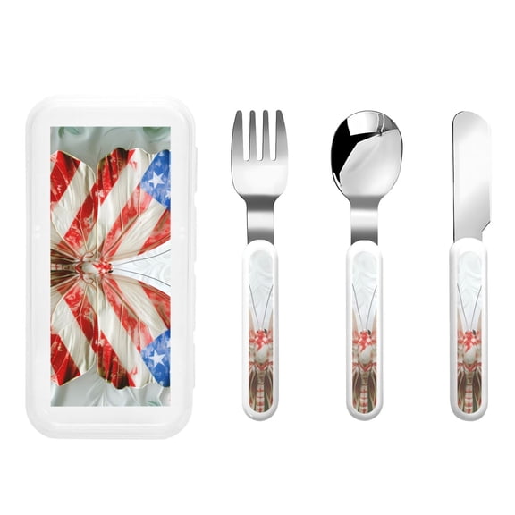 Honeii Patriotic Butterfly Floral Print Children's Knife, Fork And Spoon Set,Reusable Utensils Set with Case,Travel Cutlery Set,for Kids Adults Camping