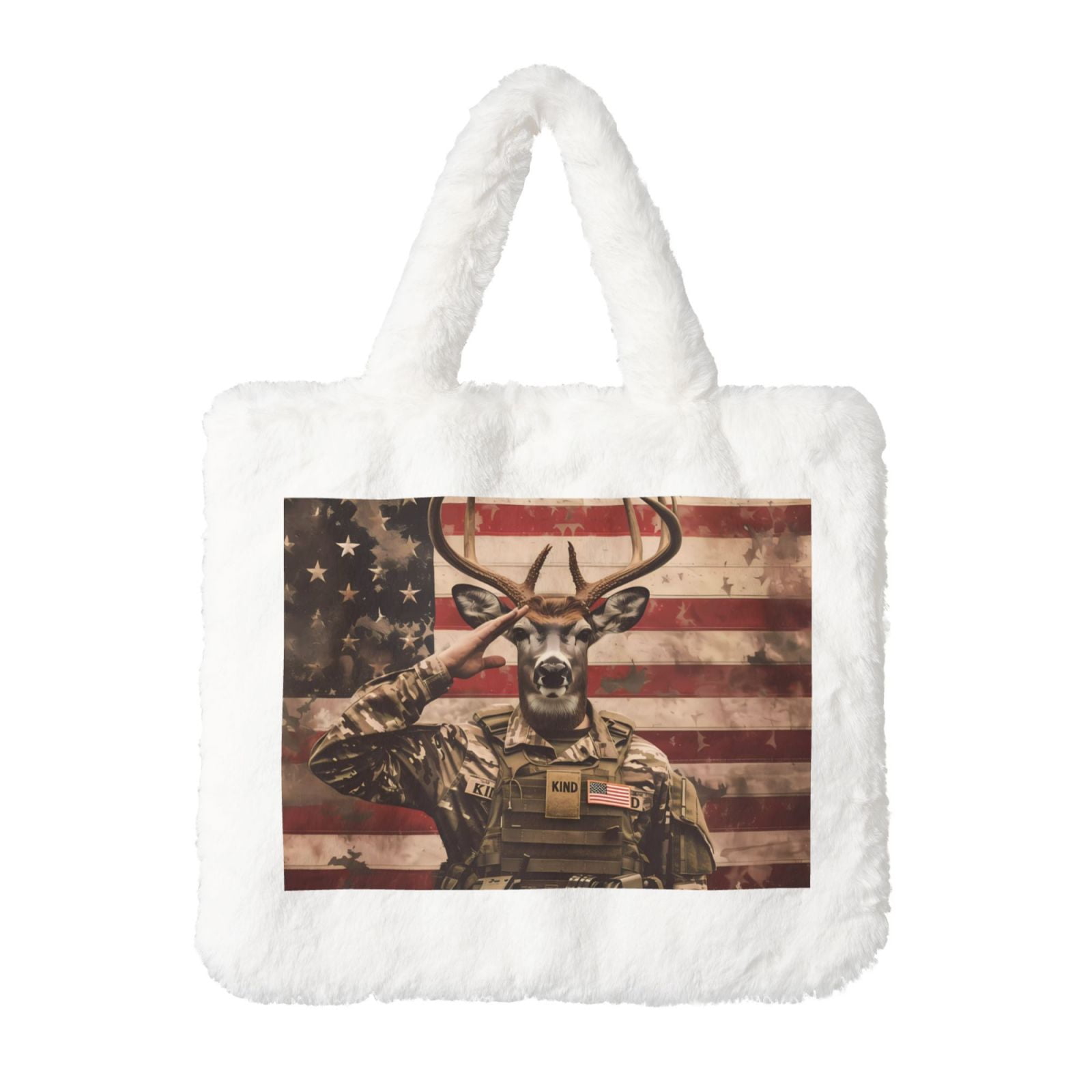 Honeii Patriotic Deer Soldier Salute Print Fluffy Shoulder Bag Plush ...