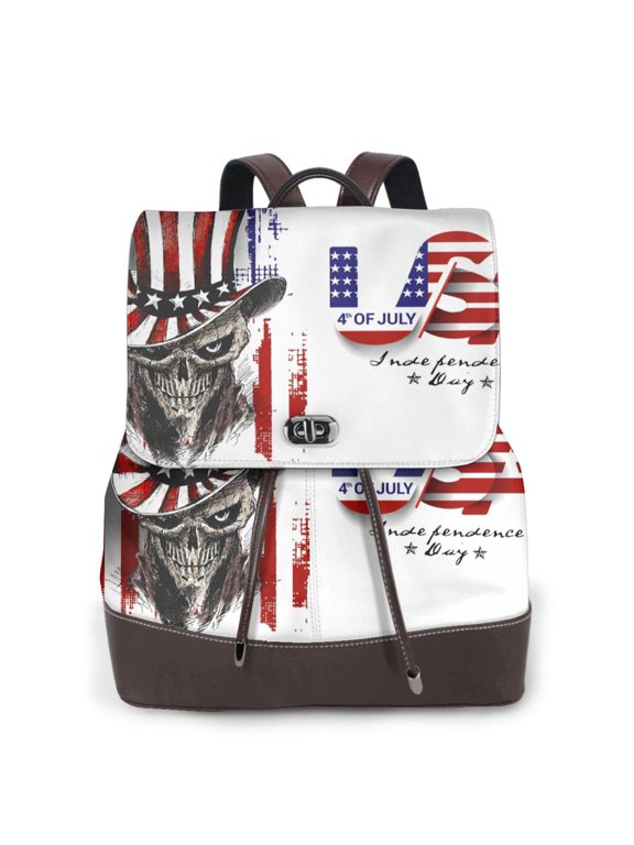 Patriotic Skull Art rint Leather Backpack,Trendy Leather Backpack,PU Leather Daypack, Ideal for Work, School, Nurse, College & Travel