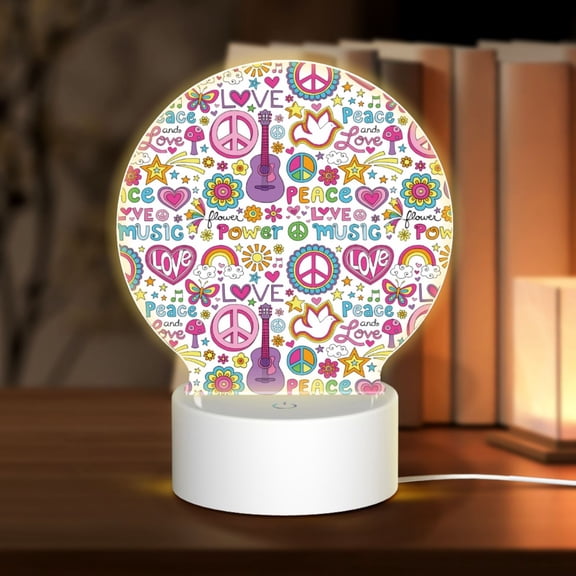 Honeii Peace Love and Dove Flower Power Print Acrylic LED Night Lamp,Round Touch-Control Night Light with 3 Lighting Modes,for Bedrooms, Living Rooms, and Gifting