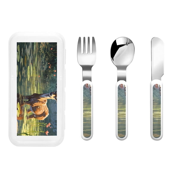 Honeii Peaceful Deer Lily Pond Print Children's Knife, Fork And Spoon Set,Reusable Utensils Set with Case,Travel Cutlery Set,for Kids Adults Camping